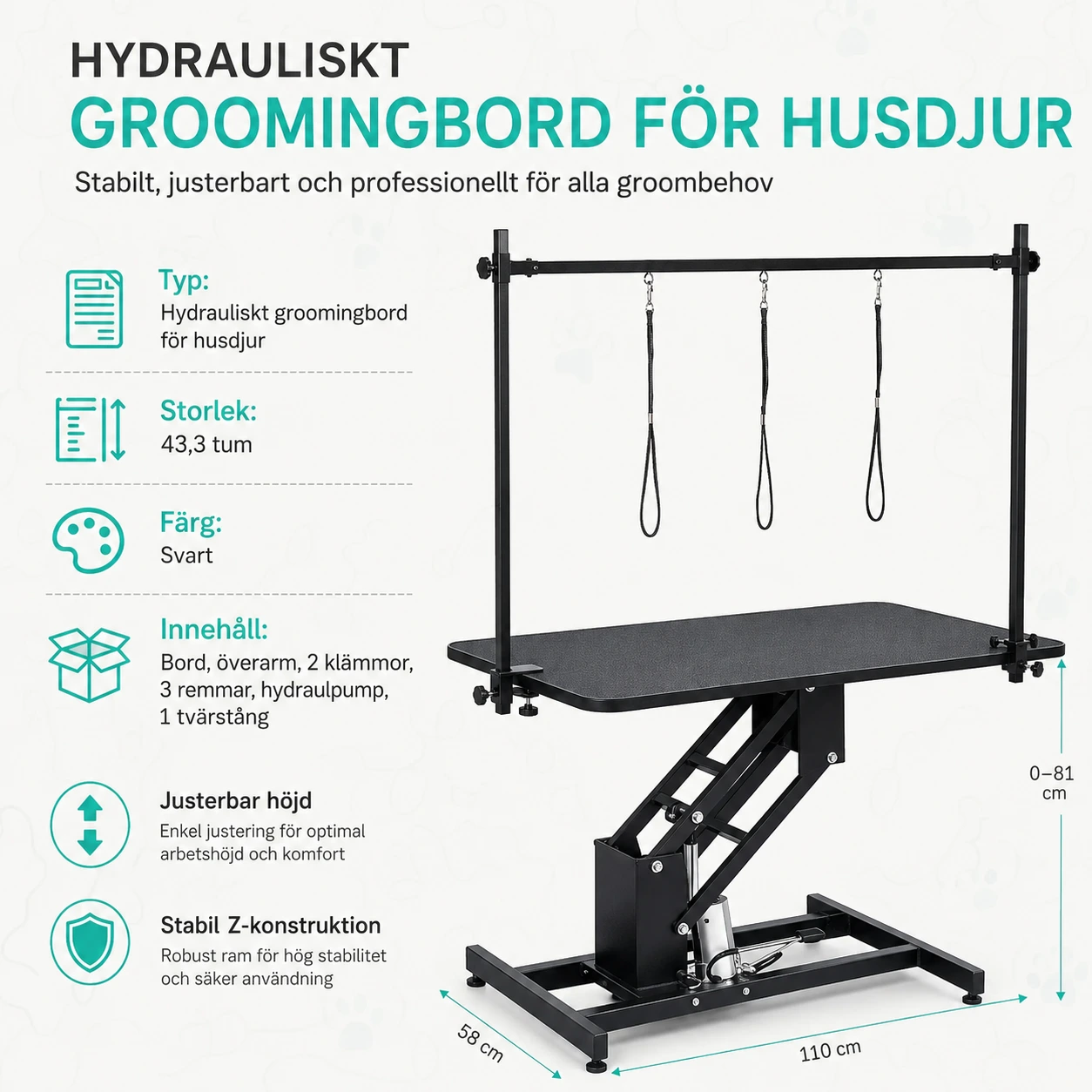 Hydrauliskt hundtrimbord med justerbar arm