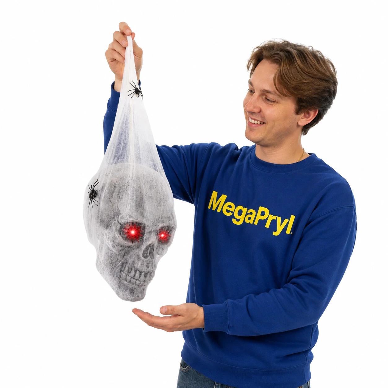 Hängande dödskalle för halloween med lysande ögon