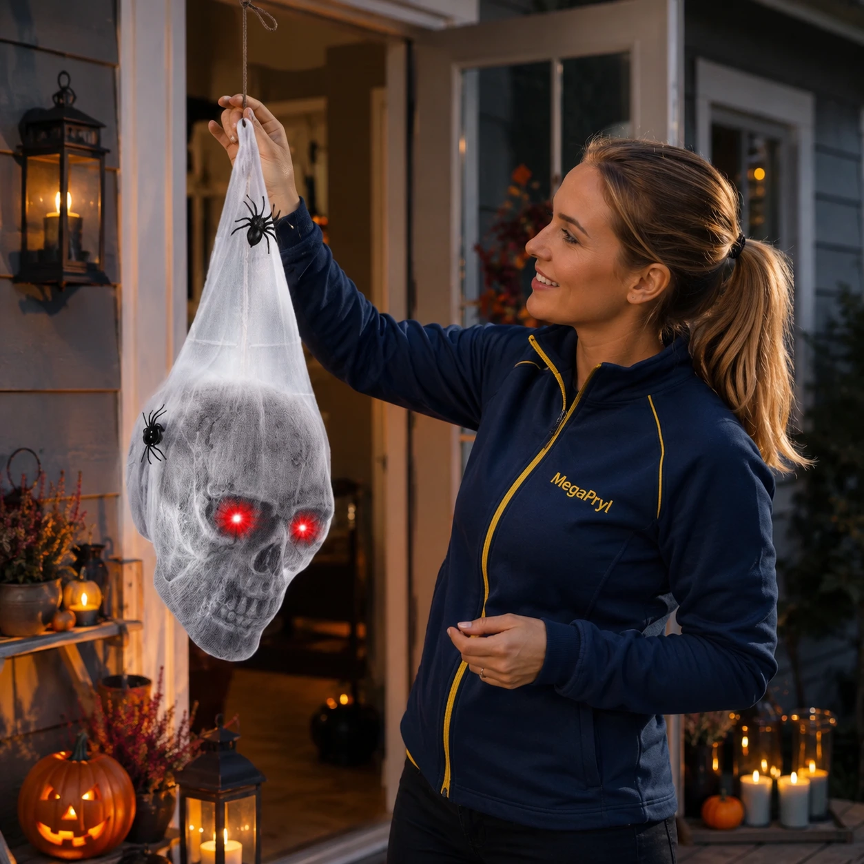 Hängande dödskalle för halloween med lysande ögon