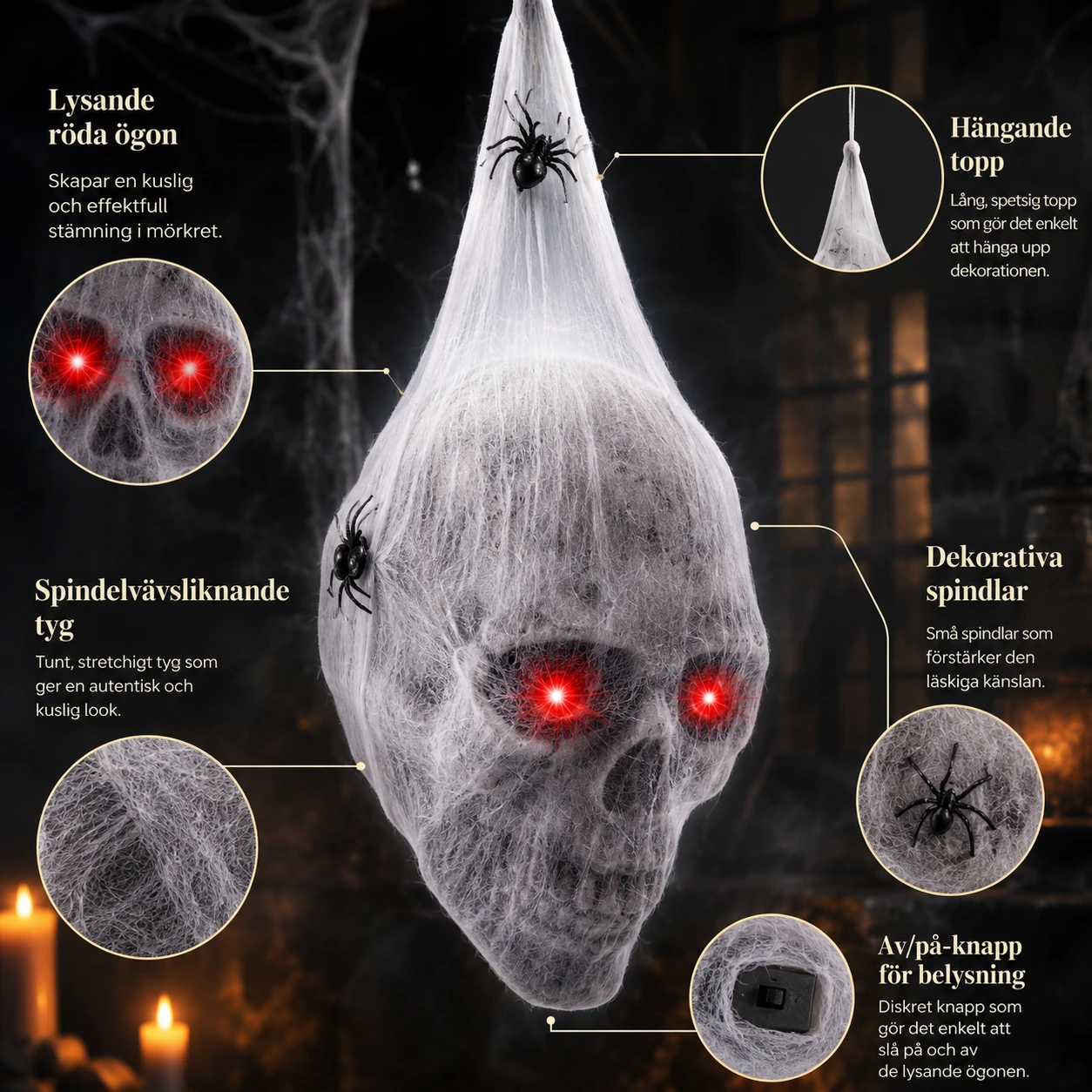 Hängande dödskalle för halloween med lysande ögon