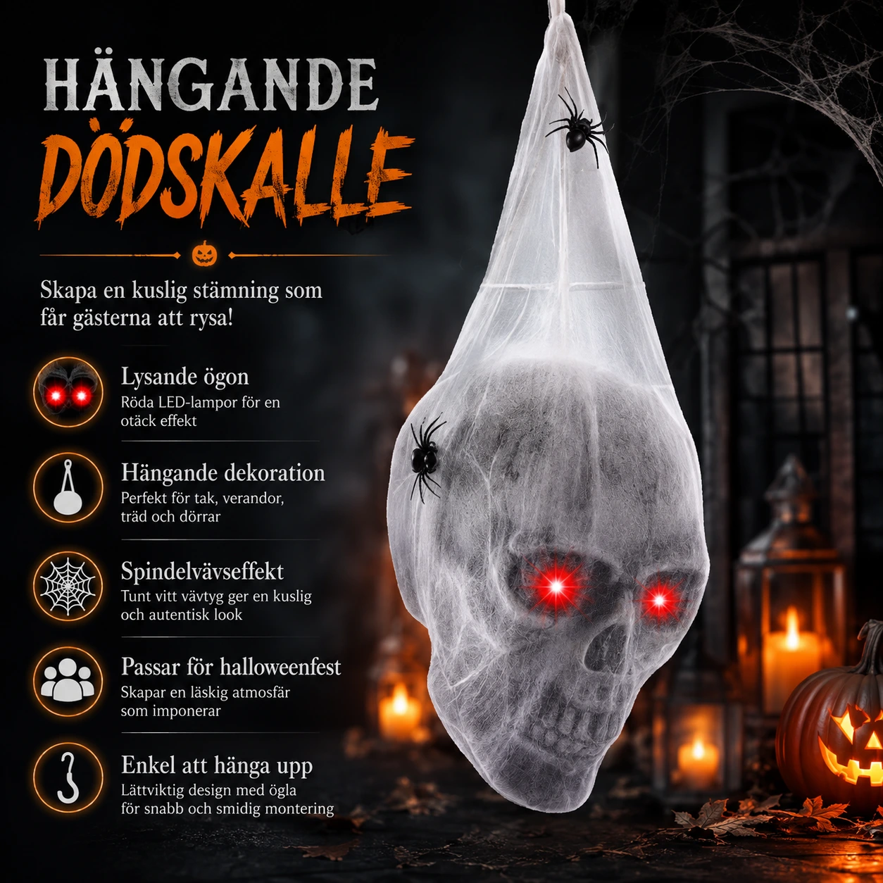 Hängande dödskalle för halloween med lysande ögon