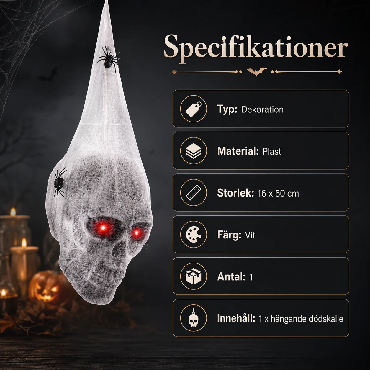 Hängande dödskalle för halloween med lysande ögon