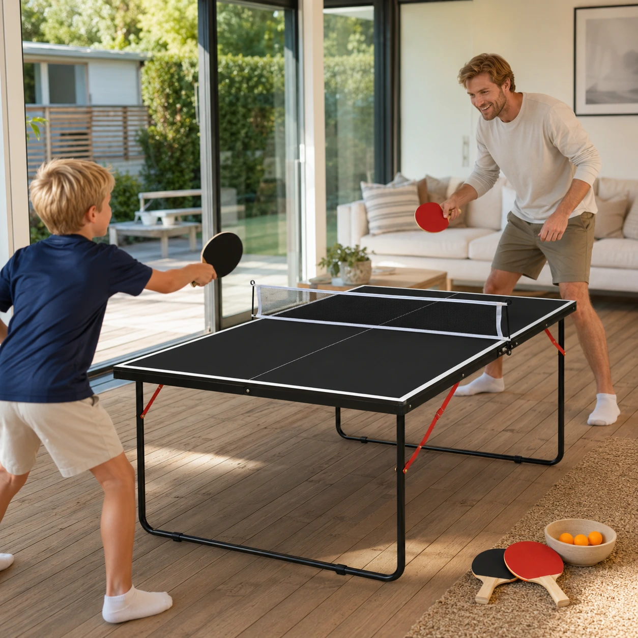 Hopfällbart bordtennisbord med nät och racketar