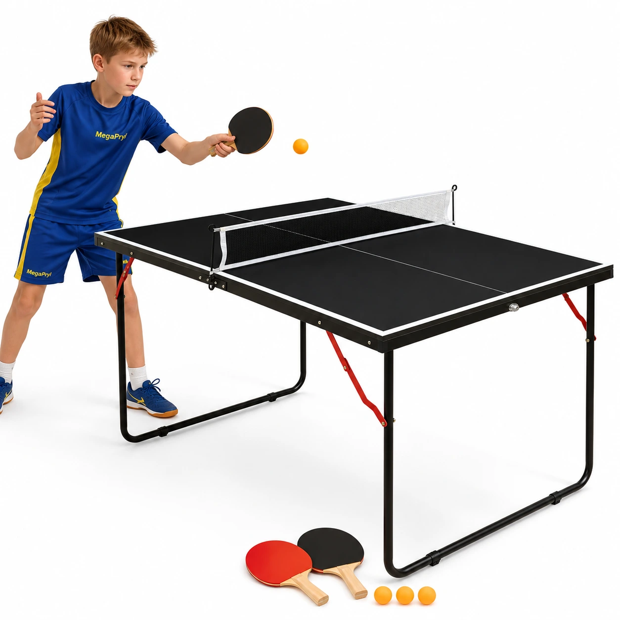 Hopfällbart bordtennisbord med nät och racketar