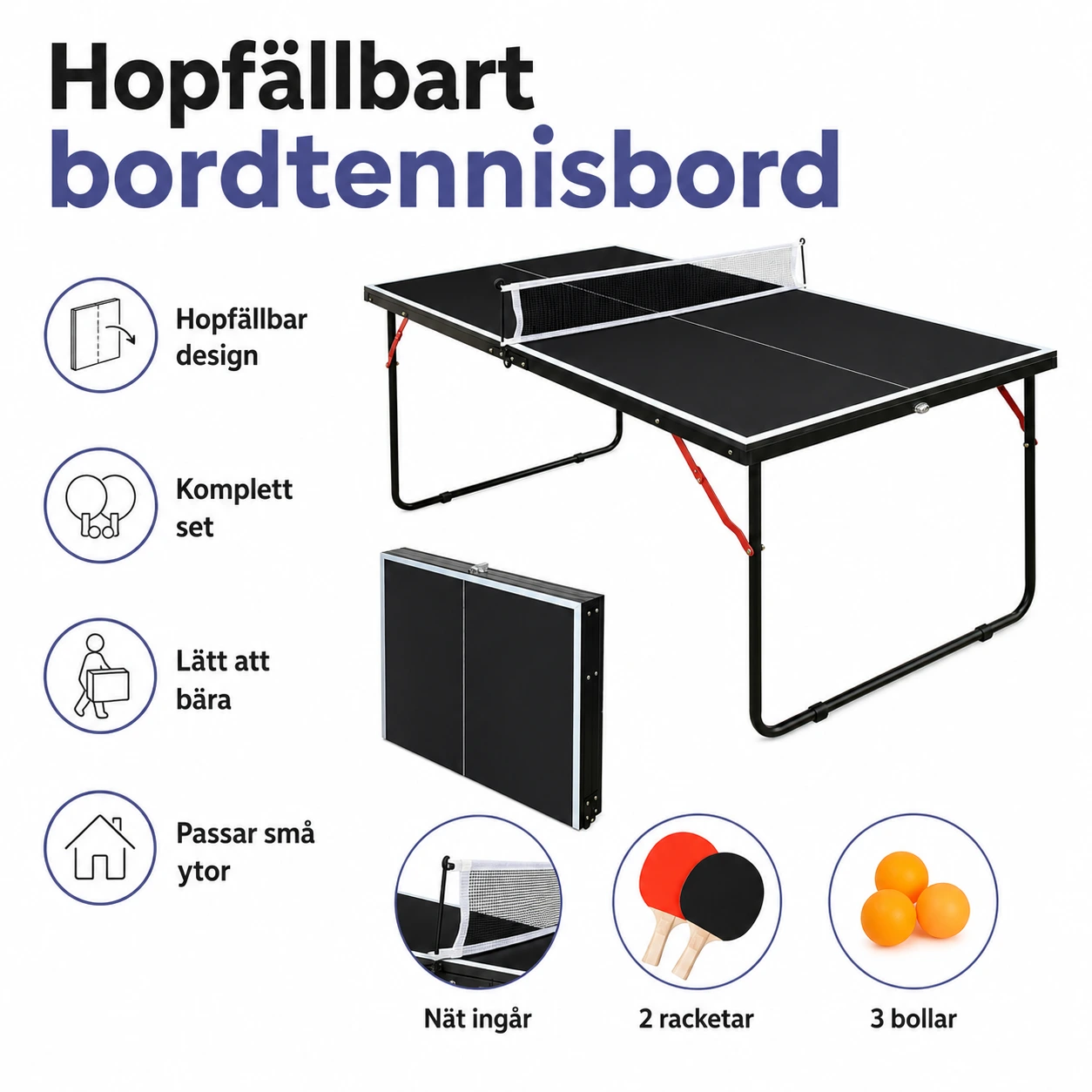 Hopfällbart bordtennisbord med nät och racketar