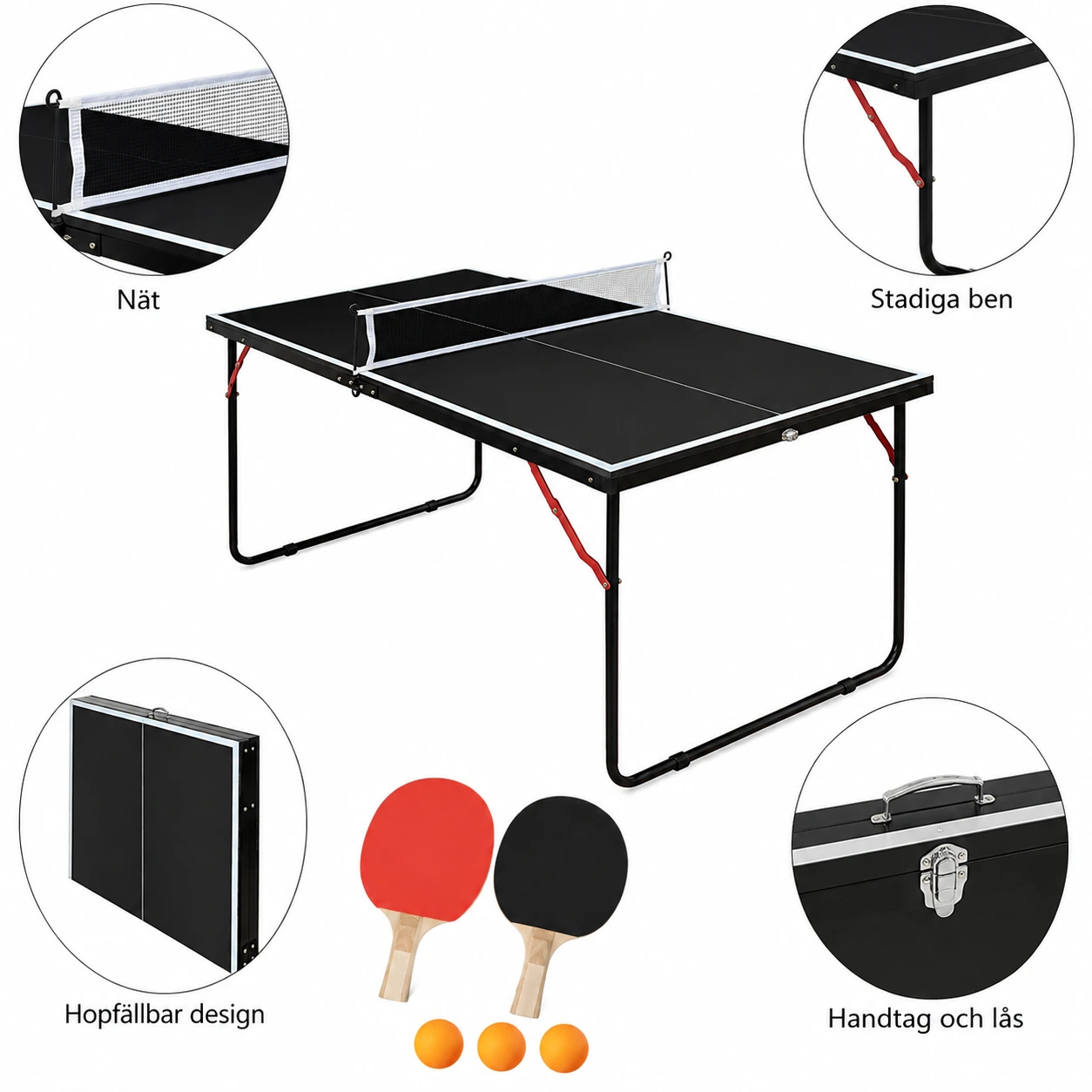 Hopfällbart bordtennisbord med nät och racketar