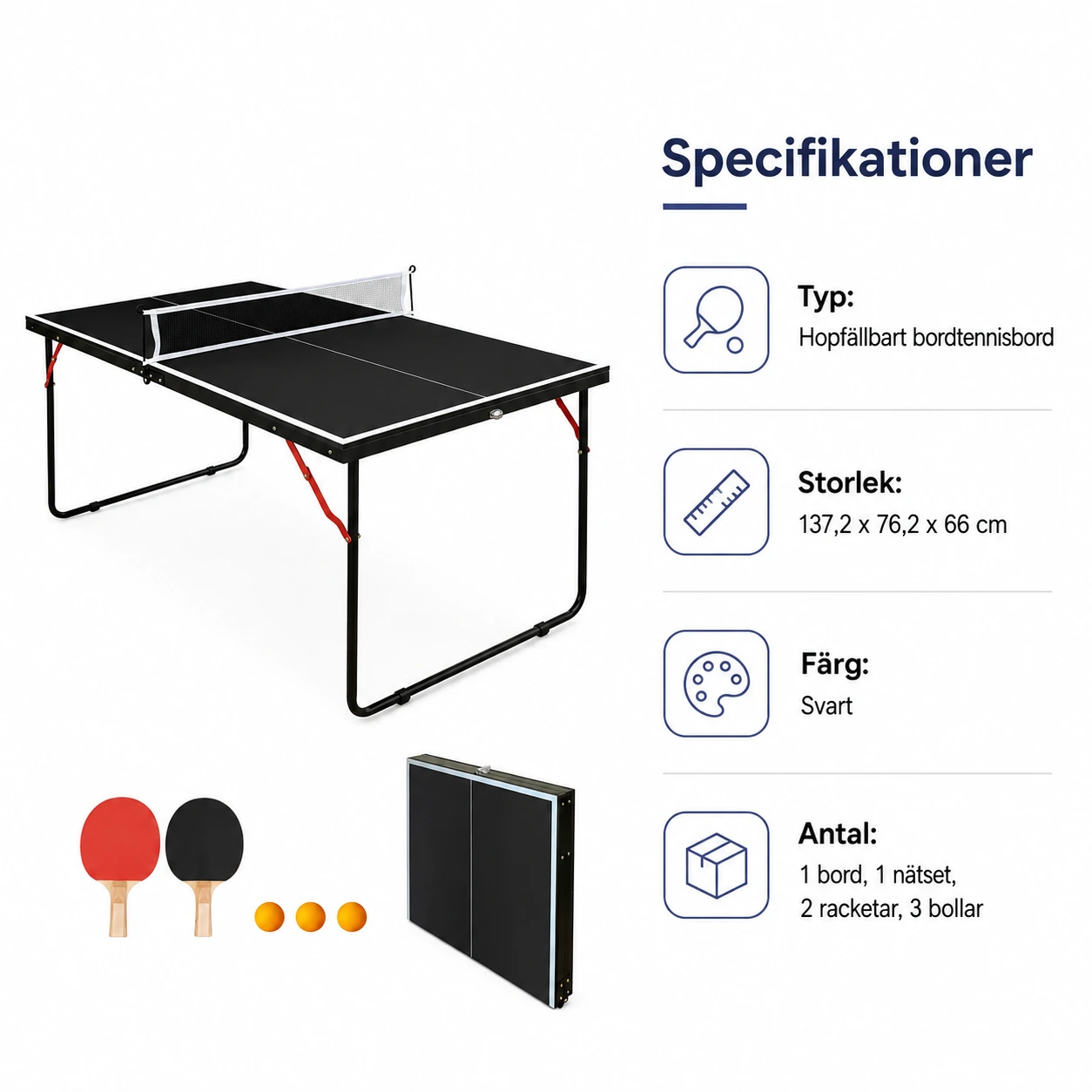 Hopfällbart bordtennisbord med nät och racketar