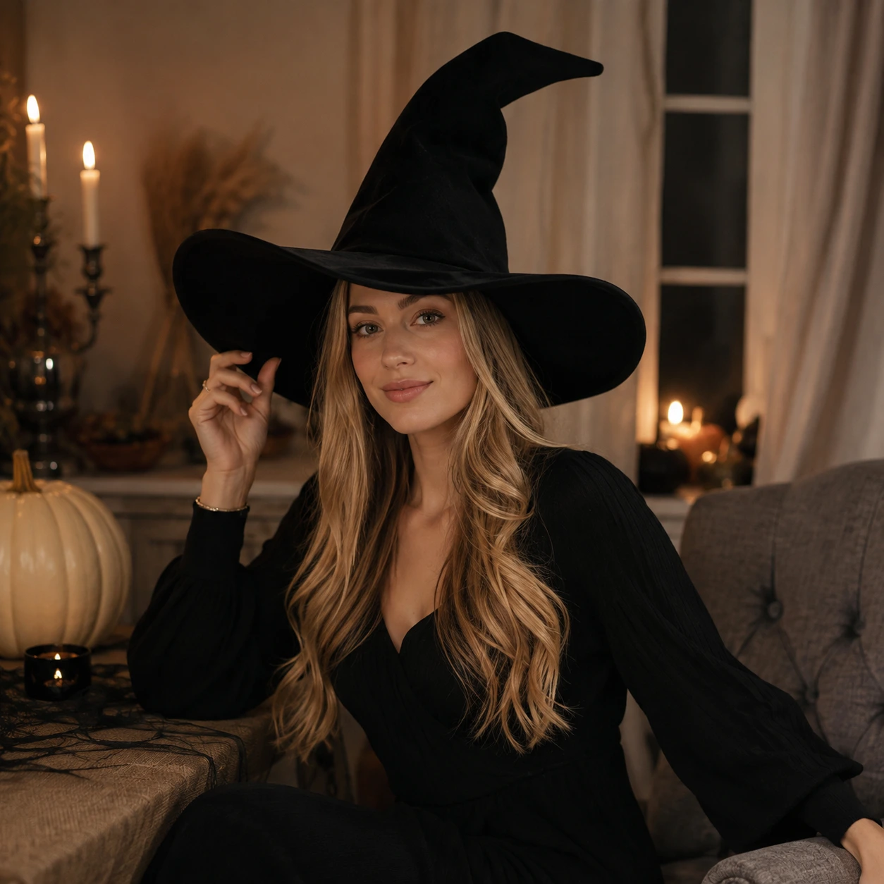 Häxhatt för Halloween och maskerad i svart