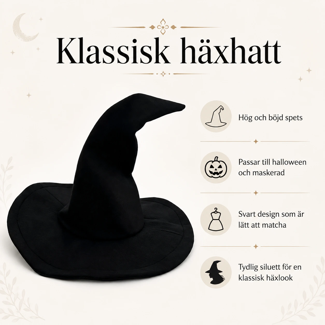 Häxhatt för Halloween och maskerad i svart