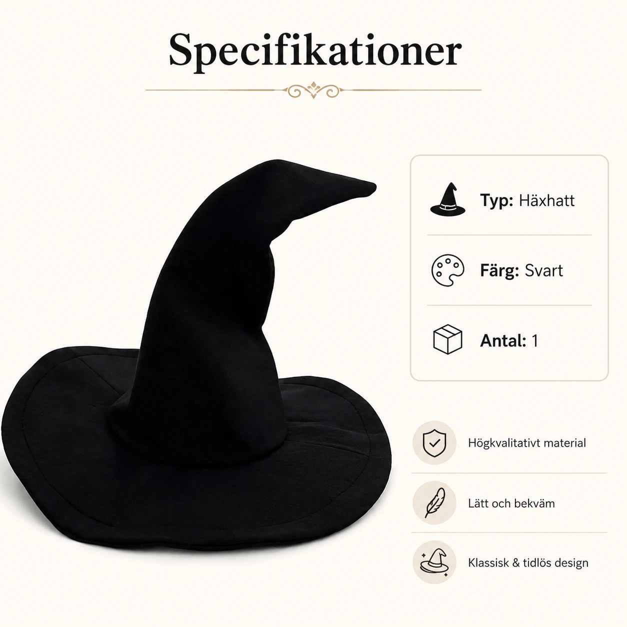 Häxhatt för Halloween och maskerad i svart
