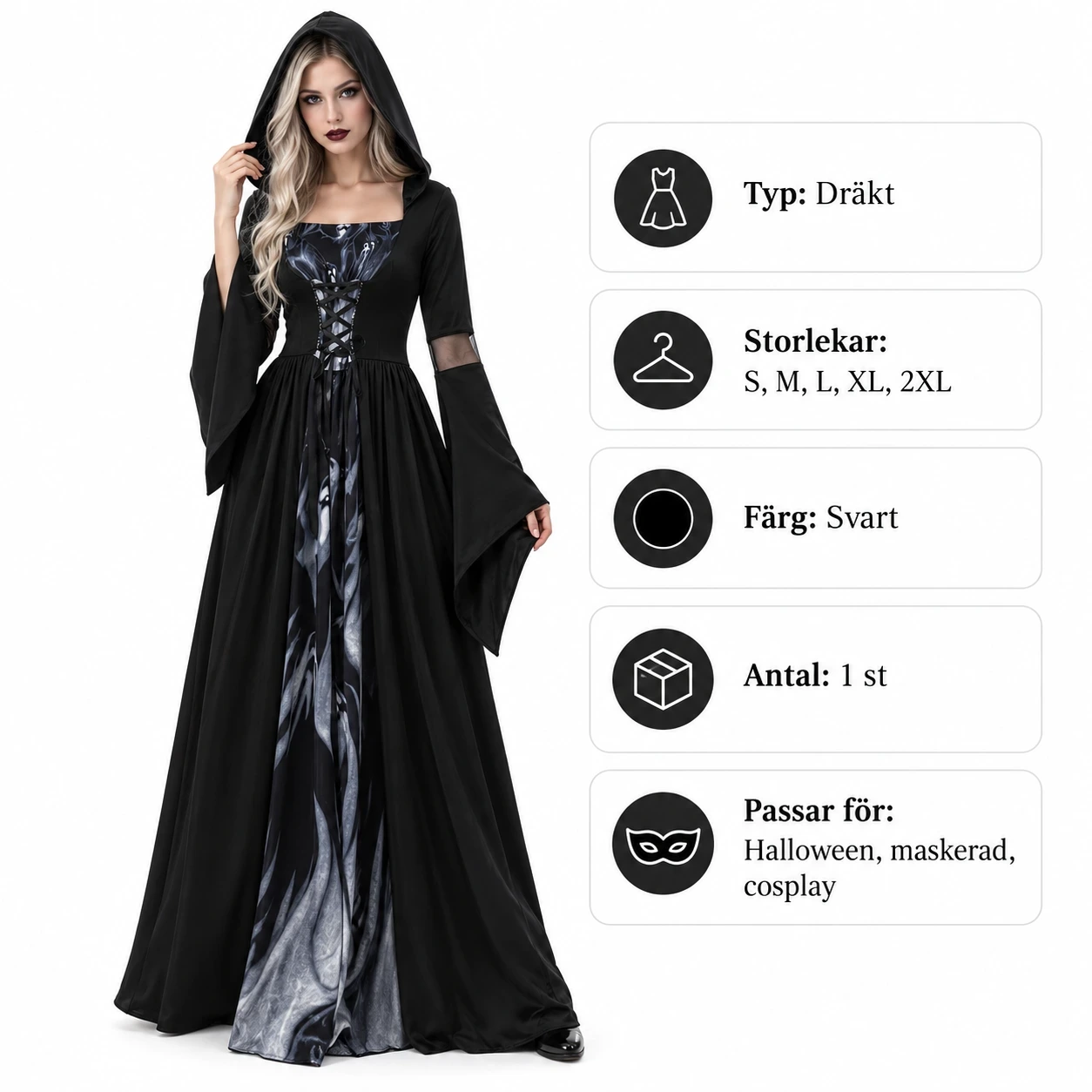 Häxdräkt med huva för halloween och maskerad
