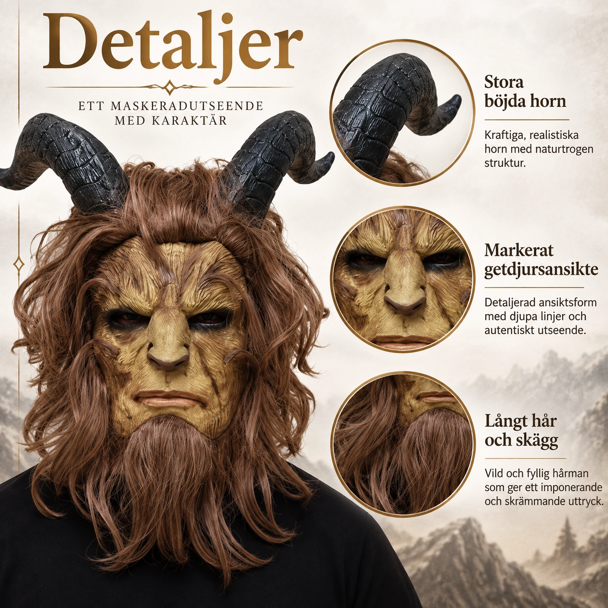 Mask getdjur i latex med långt hår