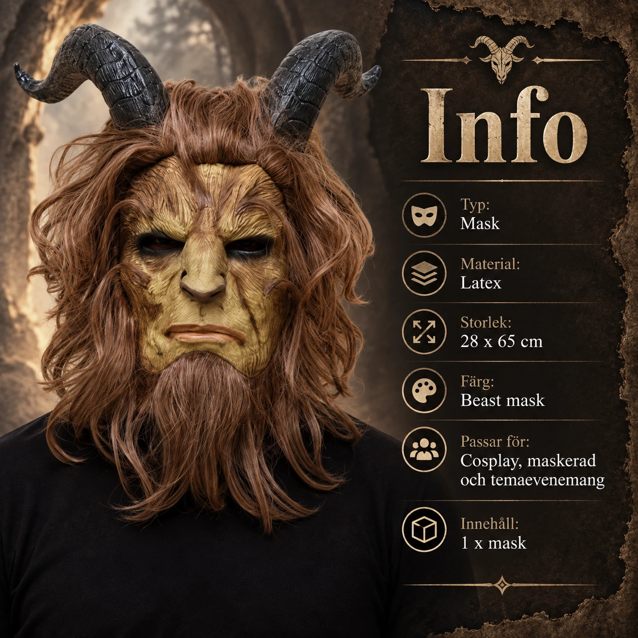 Mask getdjur i latex med långt hår