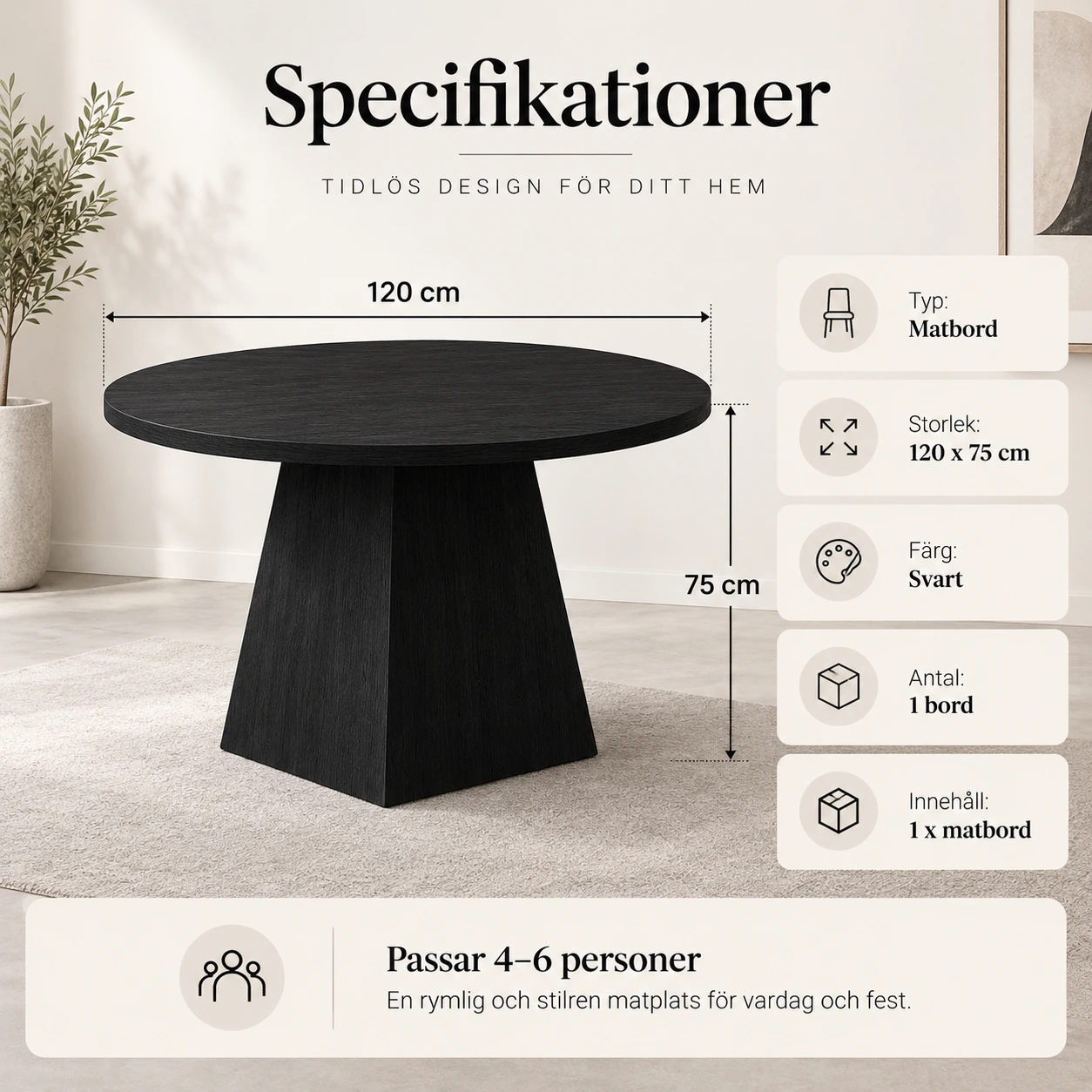 Runt matbord för kök och matsal, 120 cm