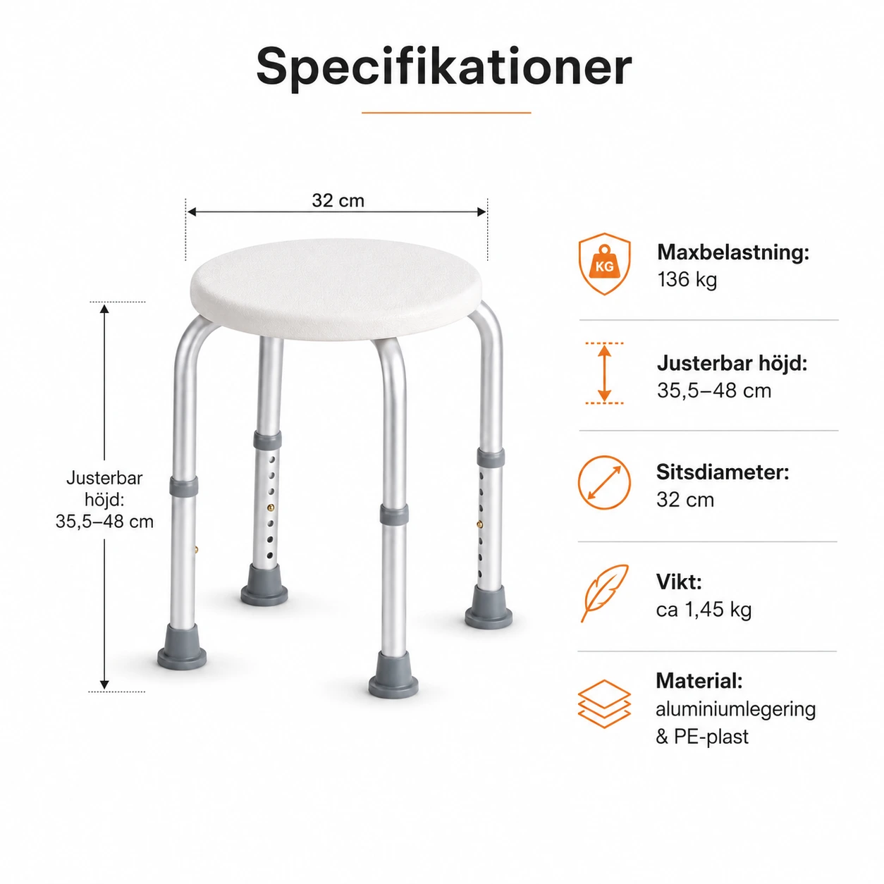 Rund Justerbar Duschpall med Halkfria Fötter