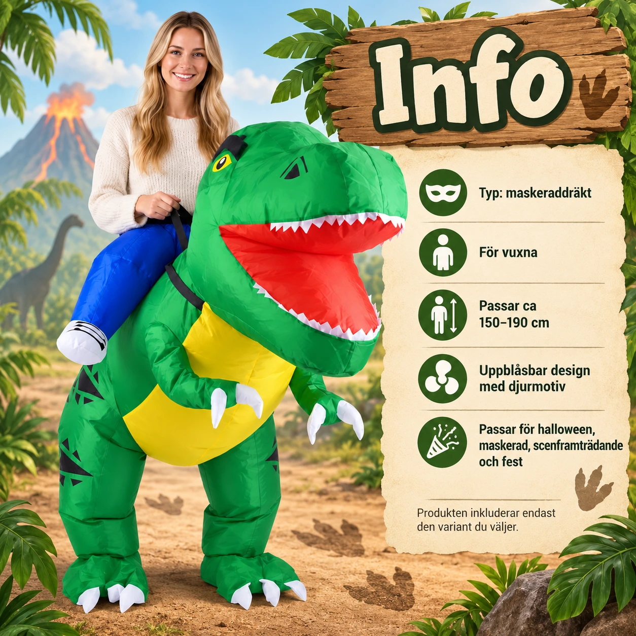 Uppblåsbar Dinosaurie T-Rex Maskeraddräkt för Vuxna 