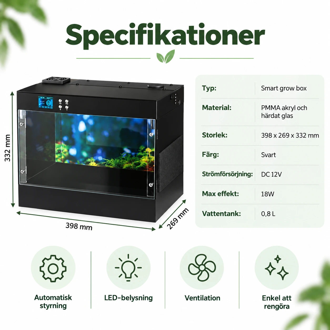 Älykäs kasvatuslaatikko yrteille, LED-valo ja ilmanvaihto