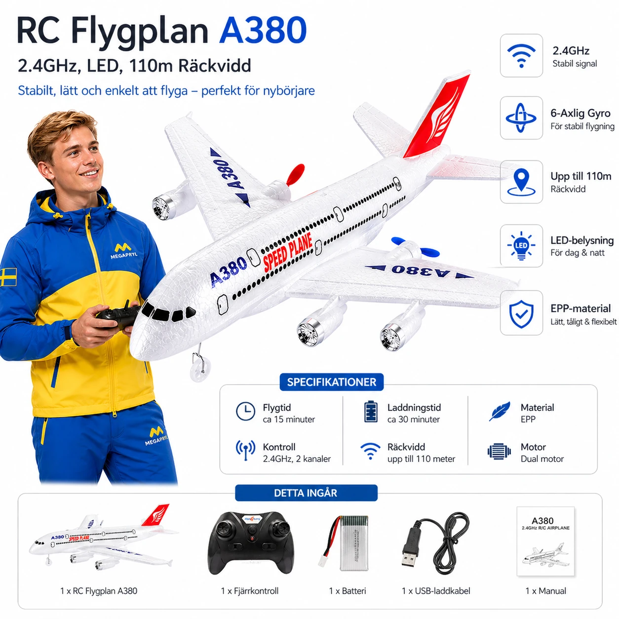 RC Flygplan A380 – 2.4GHz, LED, 110m Räckvidd