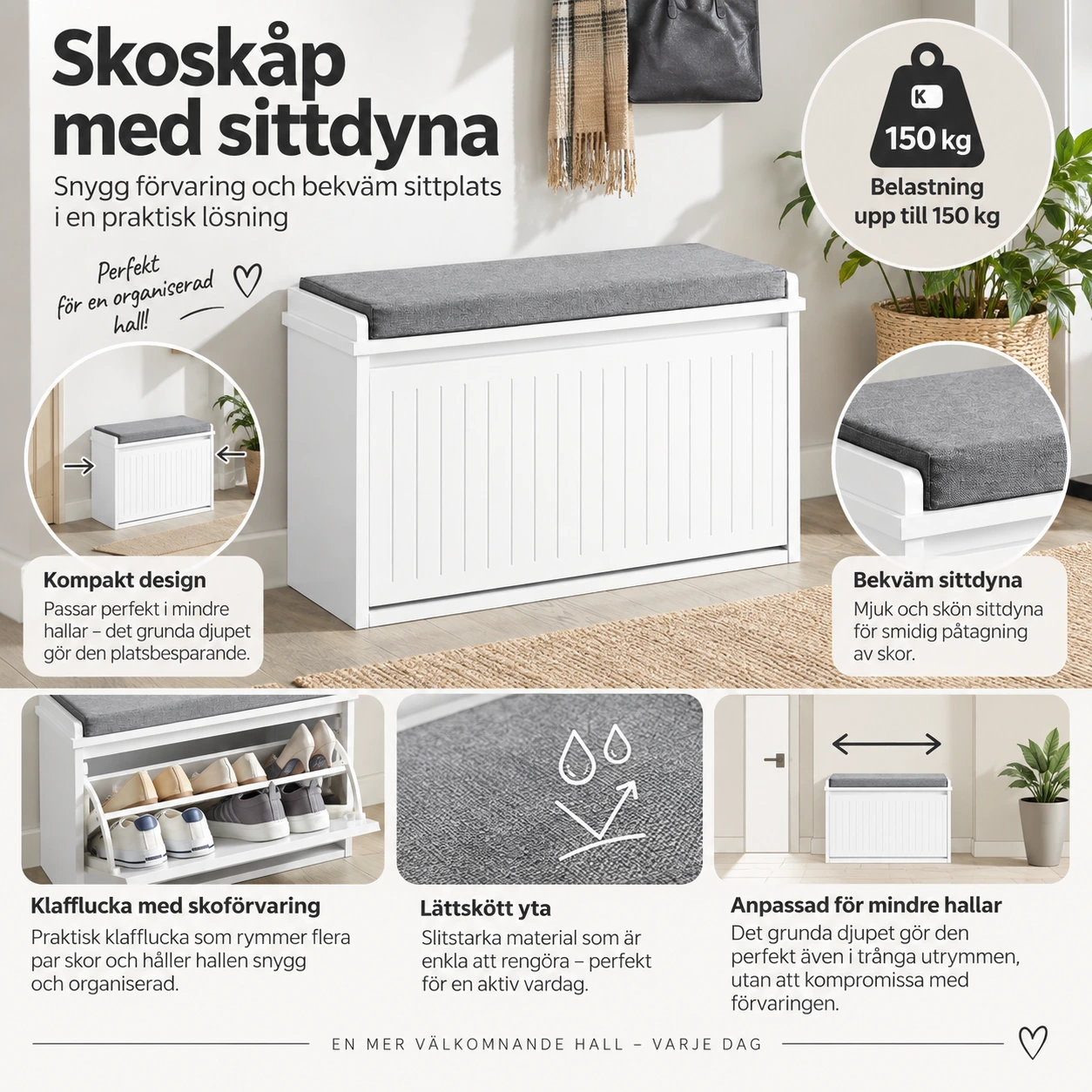 Skoskåp med sittdyna för hall, 62 x 46 x 26 cm