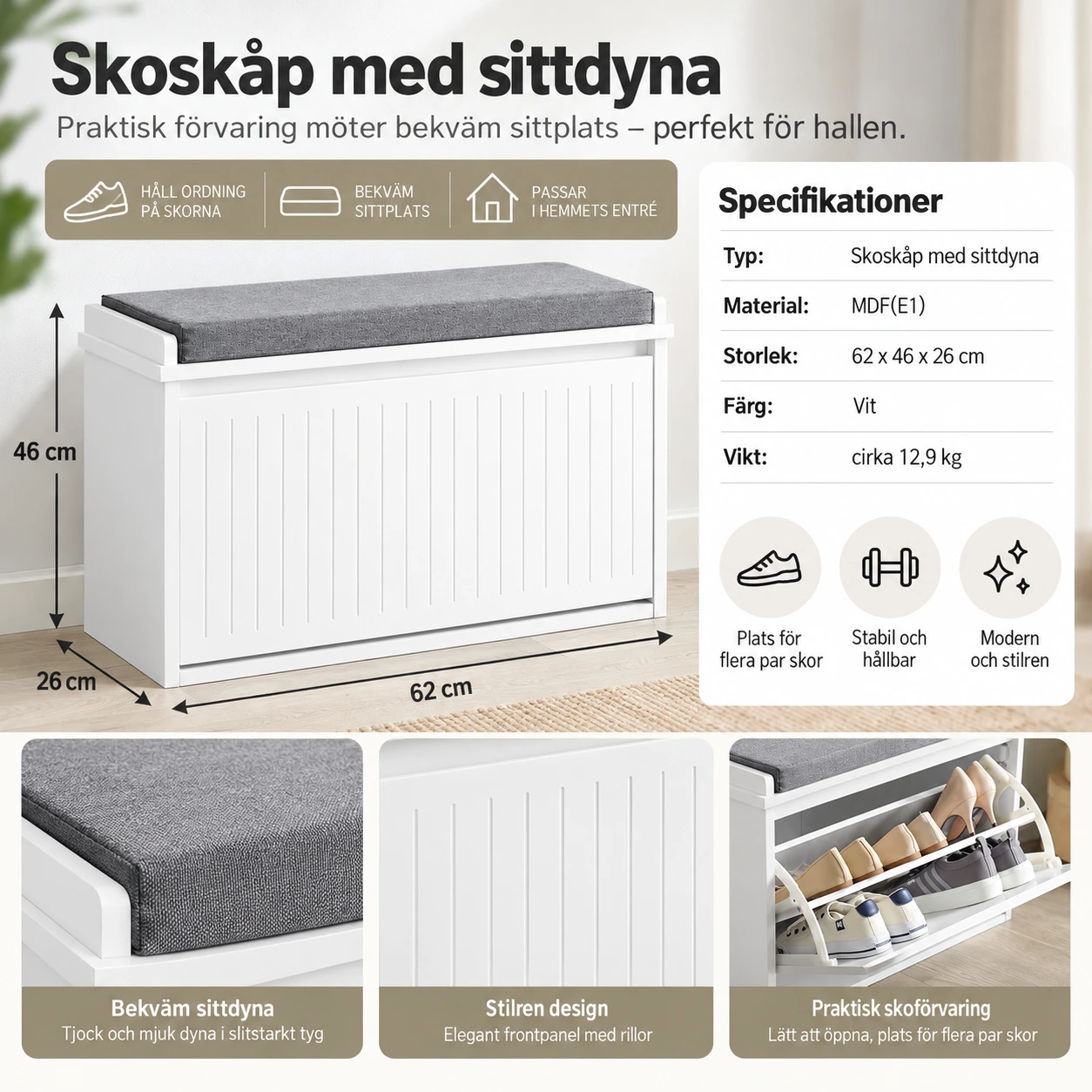 Skoskåp med sittdyna för hall, 62 x 46 x 26 cm