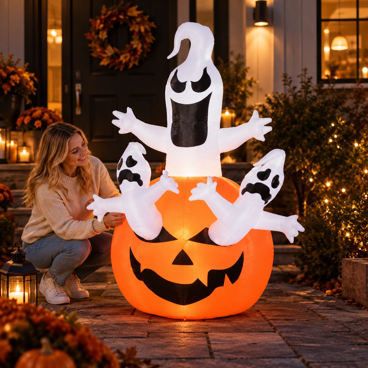 Puhallettava halloweenkurpitsa aaveilla ja LED-valoilla