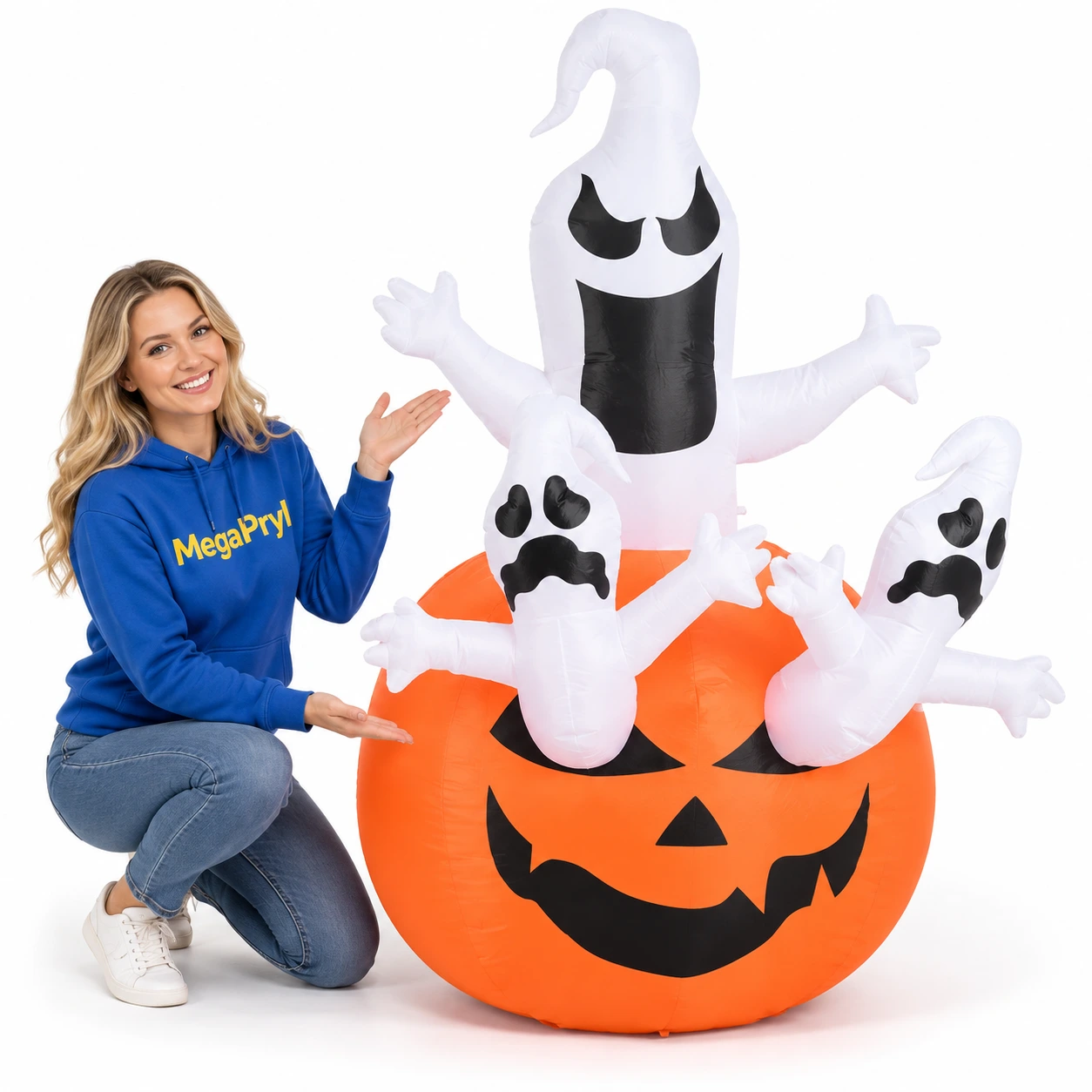 Puhallettava halloweenkurpitsa aaveilla ja LED-valoilla
