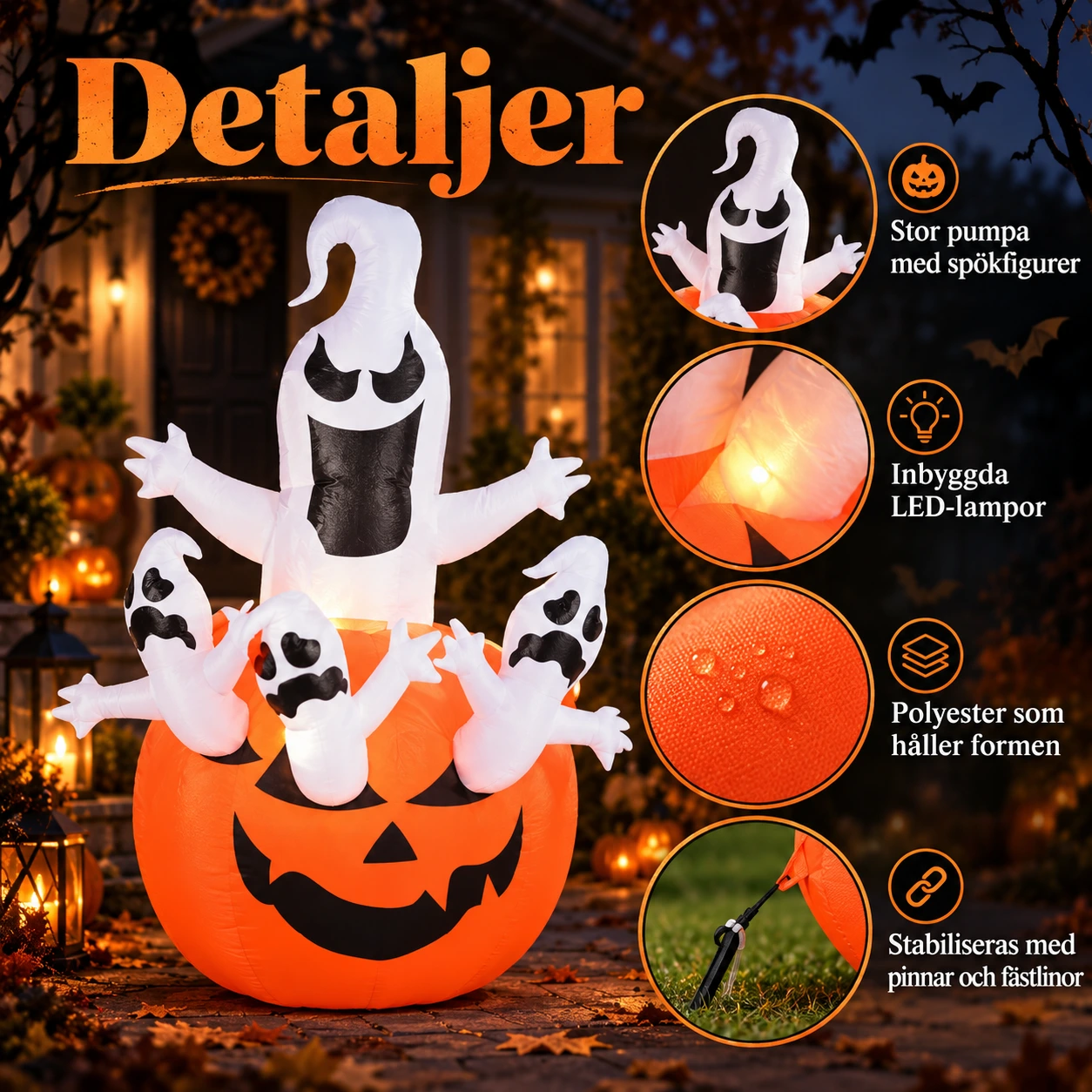 Uppblåsbar halloweenpumpa med spöken och LED