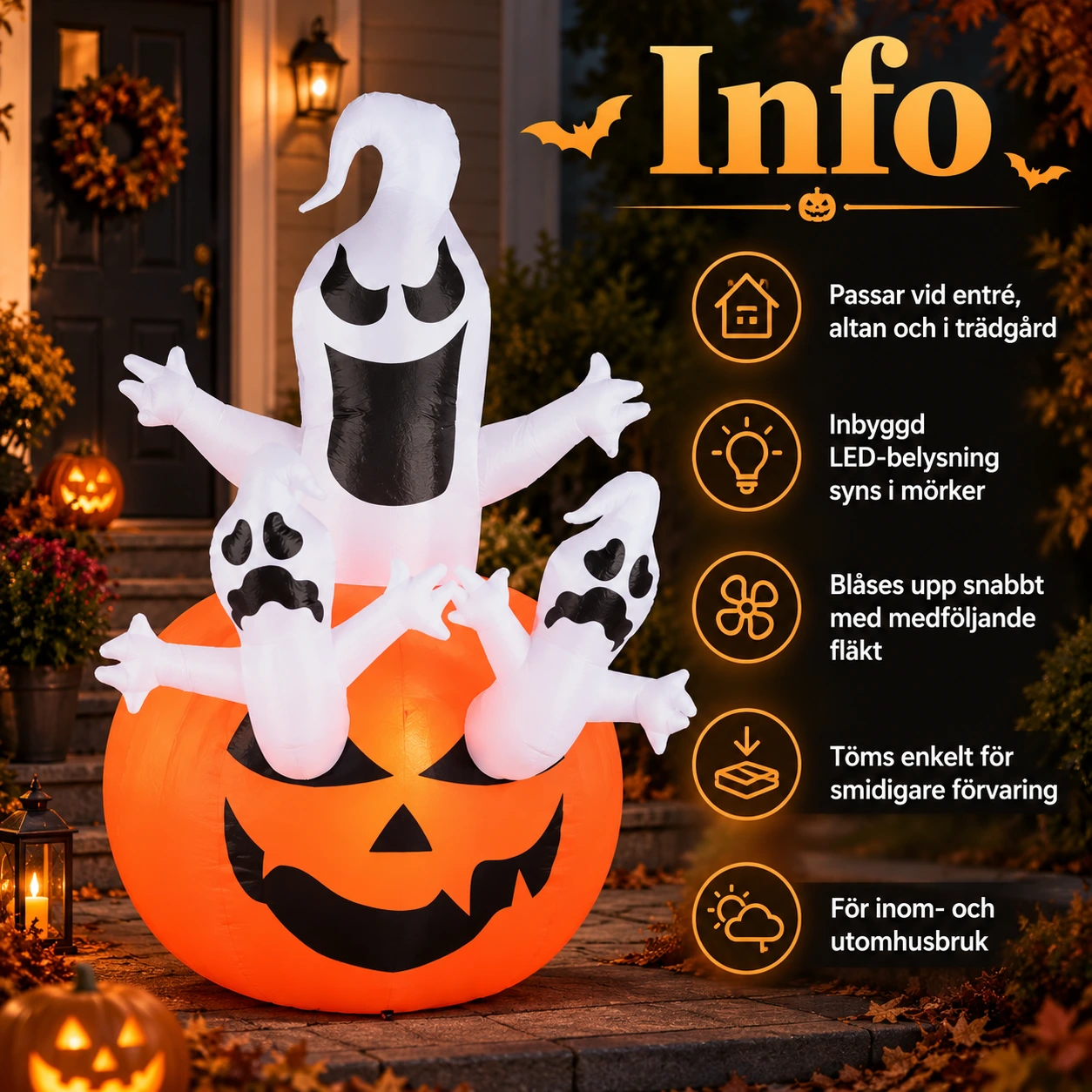 Puhallettava halloweenkurpitsa aaveilla ja LED-valoilla