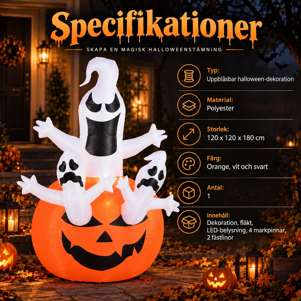 Uppblåsbar halloweenpumpa med spöken och LED