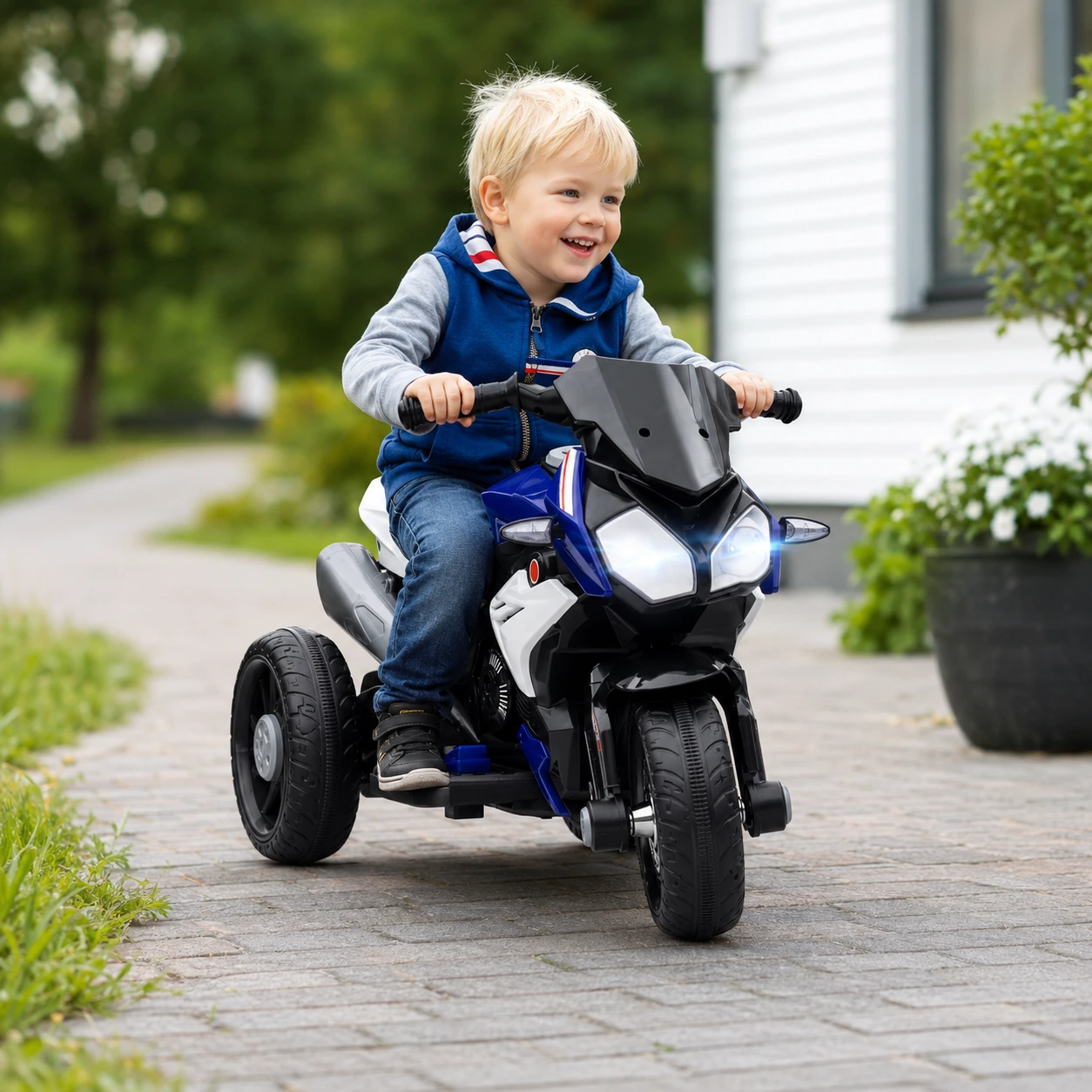 Elmotorcykel för barn 3 hjul med musik, tuta och strålkastare Blå