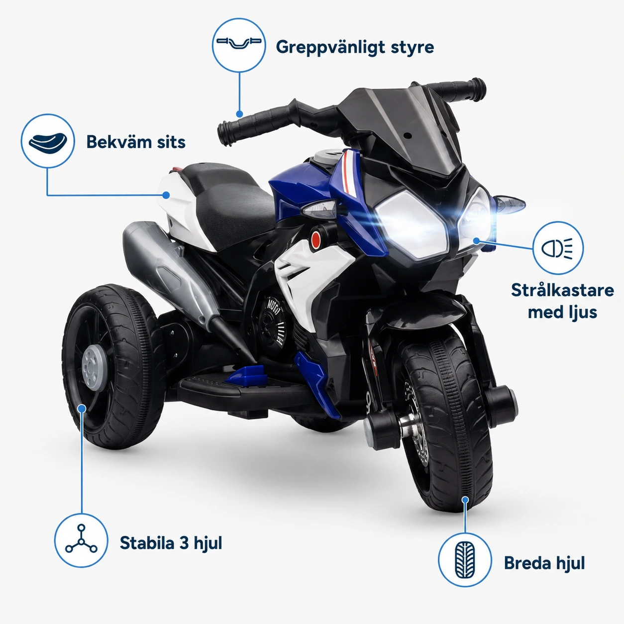Elmotorcykel för barn 3 hjul med musik, tuta och strålkastare Blå
