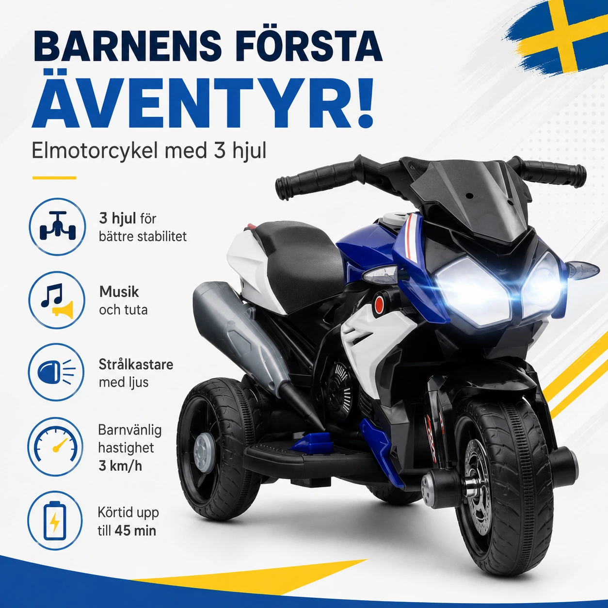 Elmotorcykel för barn 3 hjul med musik, tuta och strålkastare Blå