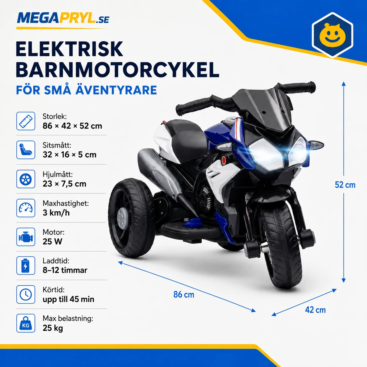 Elmotorcykel för barn 3 hjul med musik, tuta och strålkastare Blå