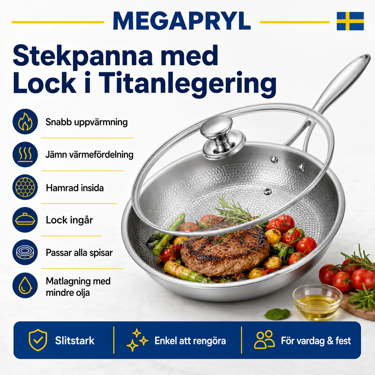 Stekpanna med Lock i Titanlegering och Hamrad Insida