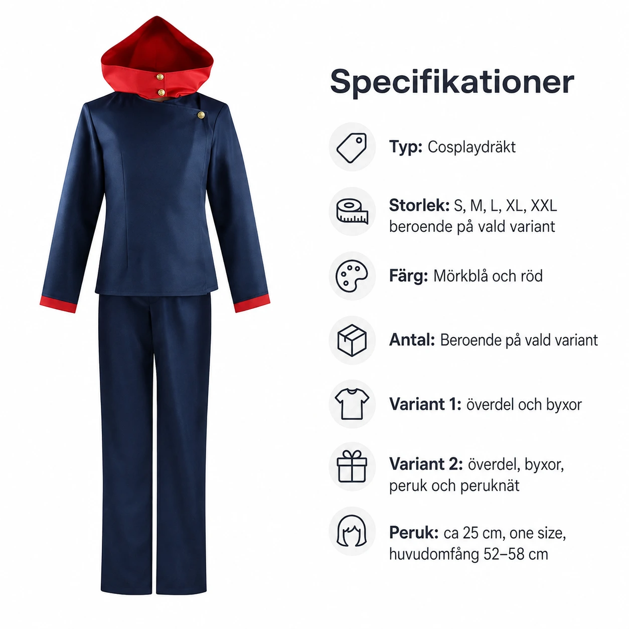 Cosplaydräkt med huva och byxor