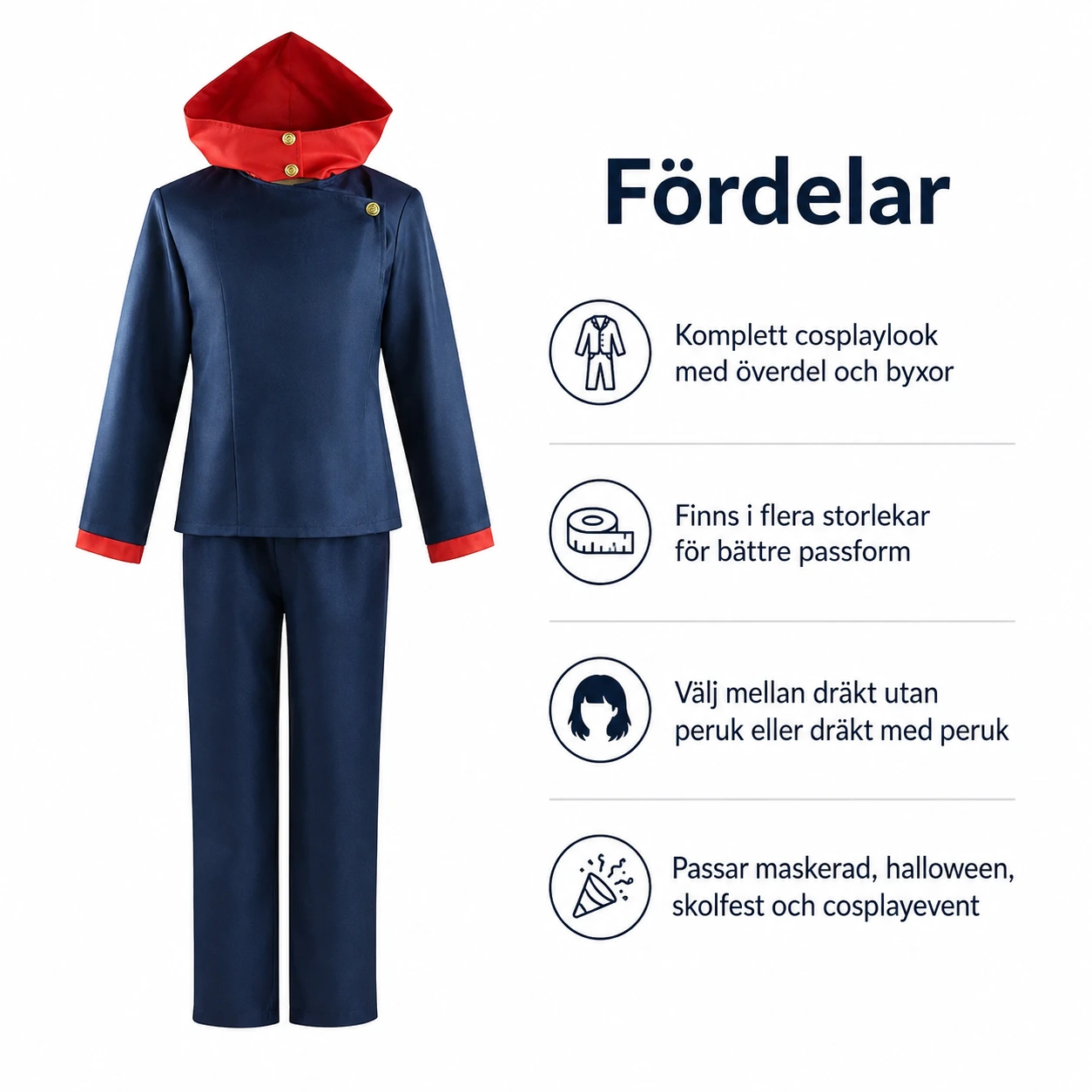 Cosplaydräkt med huva och byxor