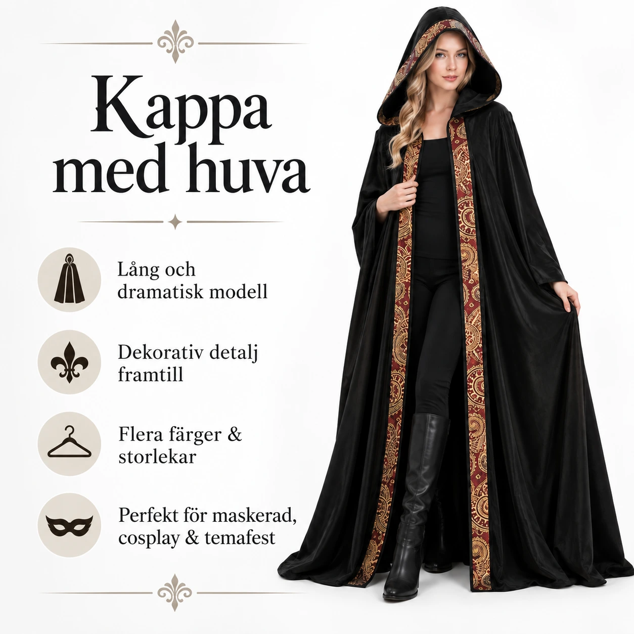 Kappa med huva för maskerad och cosplay