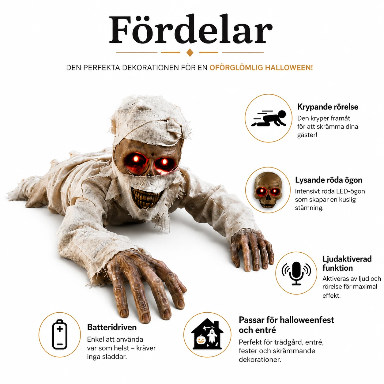Krypande mumie för halloween med lysande ögon