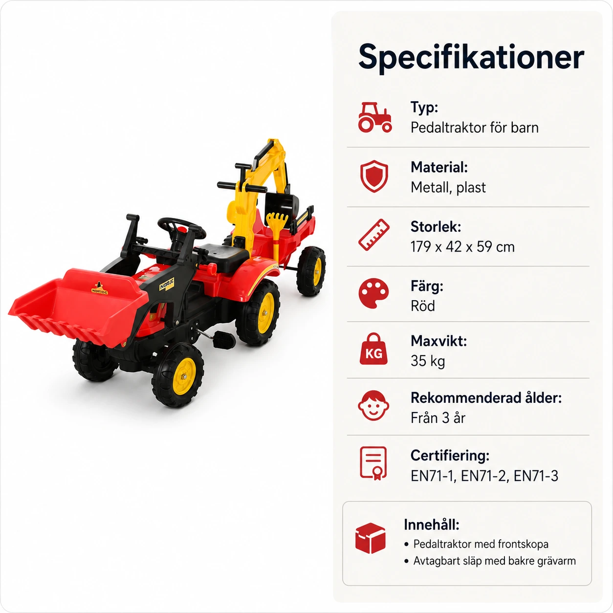 Pedaltraktor för barn med släp och skopa