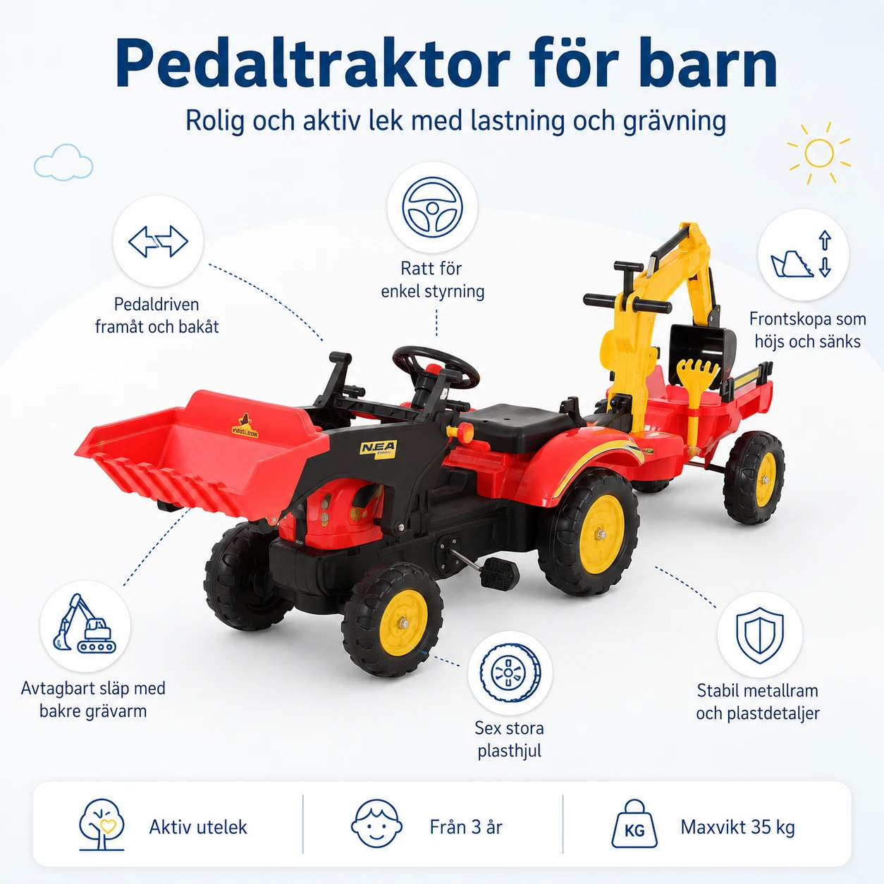 Pedaltraktor för barn med släp och skopa