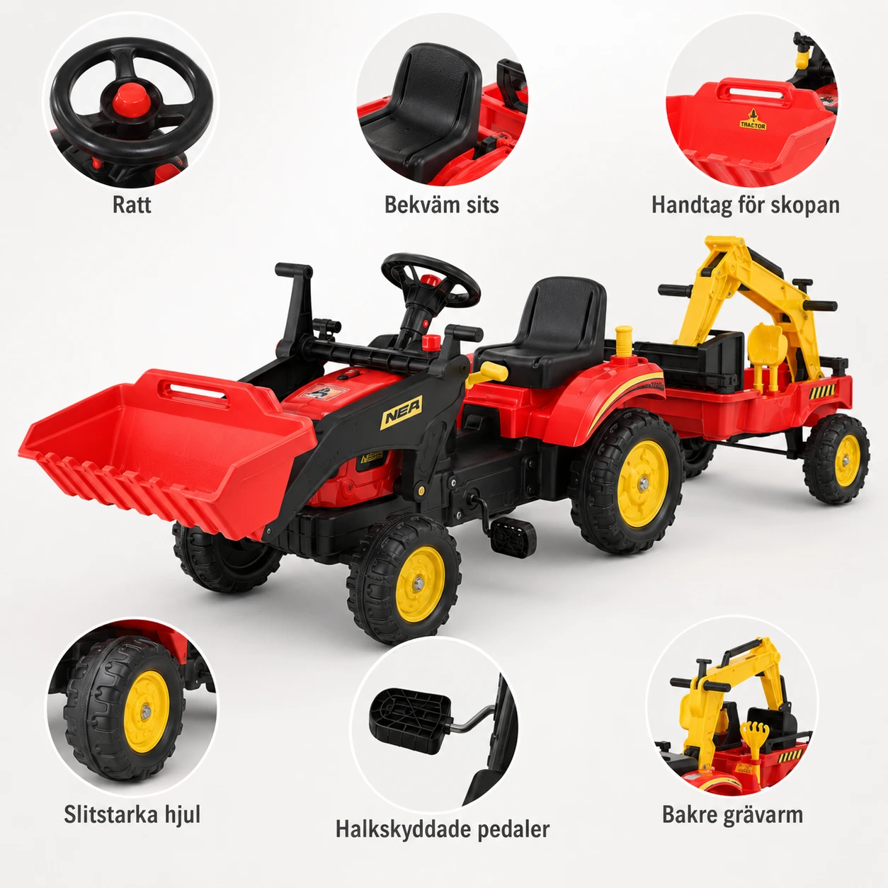 Pedaltraktor för barn med släp och skopa