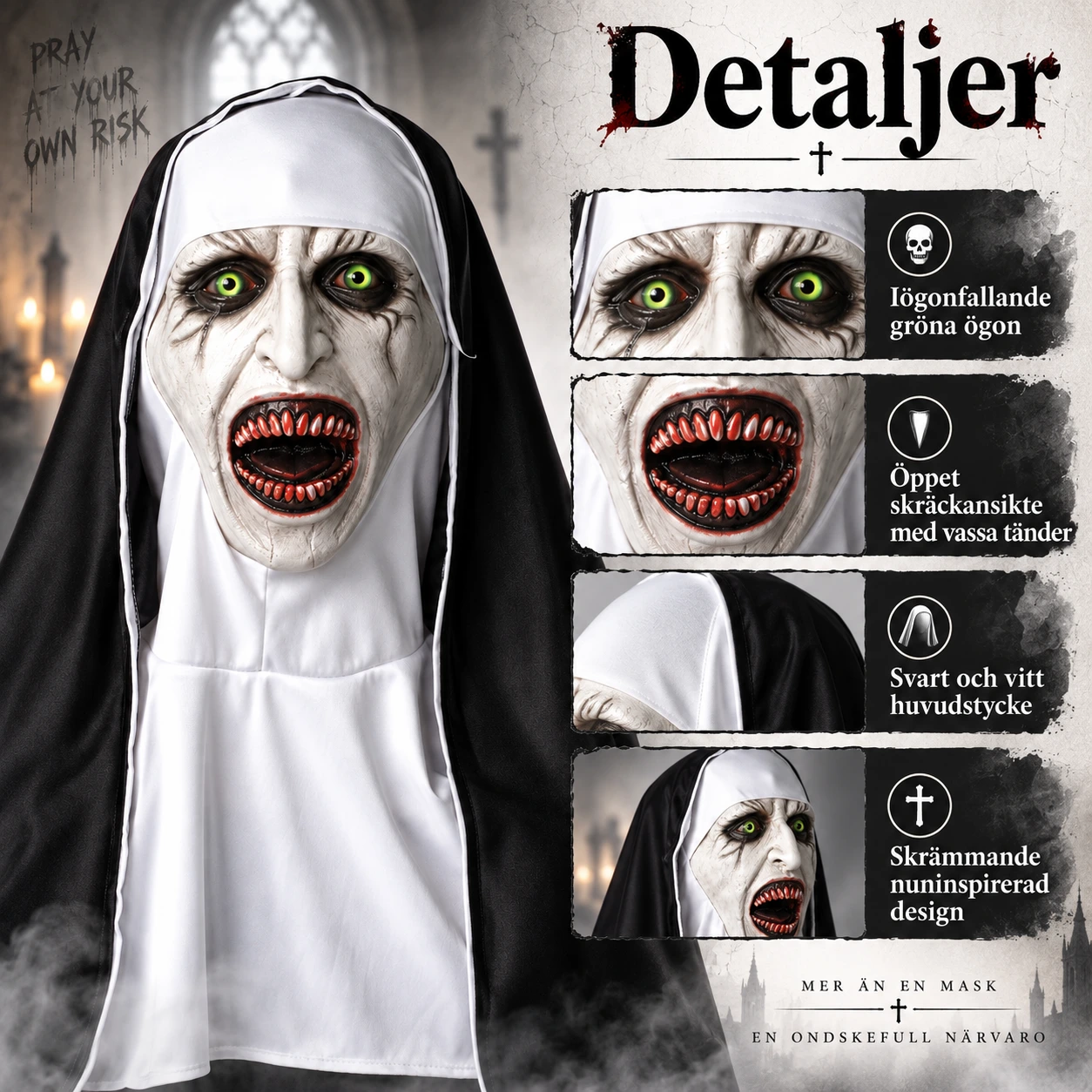 Halloween nunmask för cosplay och maskerad