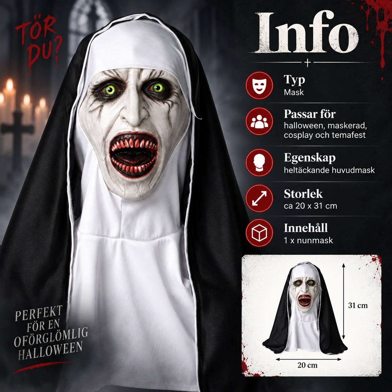 Halloween nunmask för cosplay och maskerad