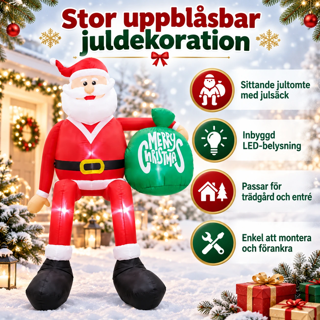 Oppblåsbar julenisse for utendørsbruk med LED, 245 cm