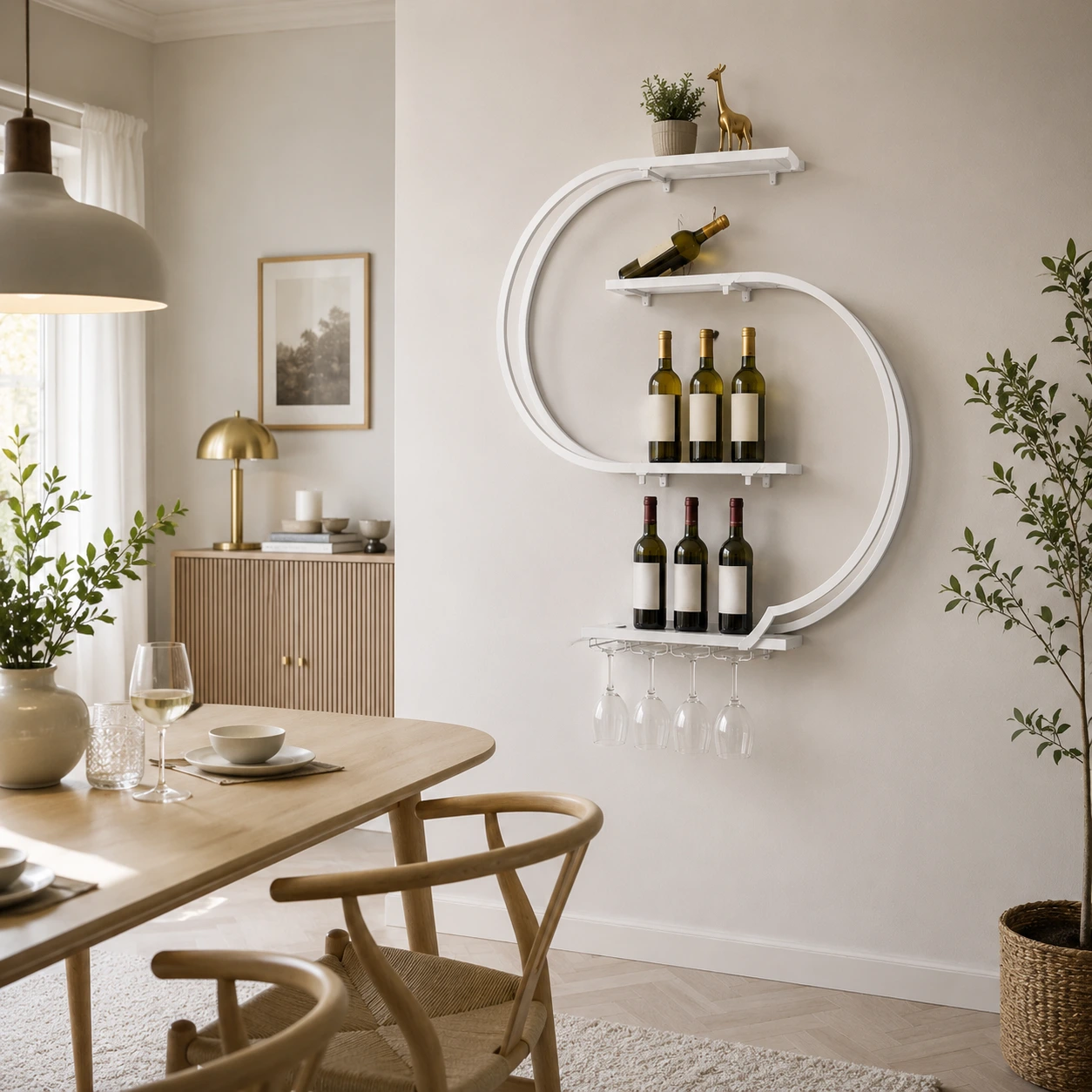 Vägghylla för vinflaskor och glas i kolstål