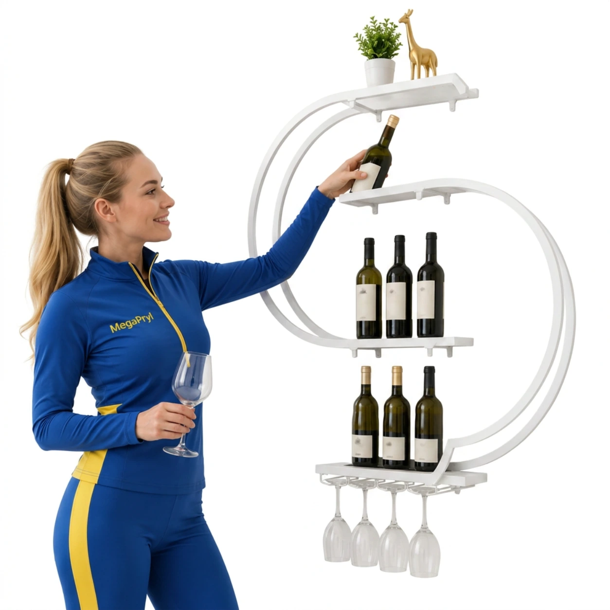 Vägghylla för vinflaskor och glas i kolstål