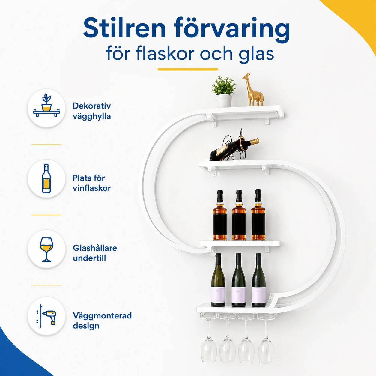 Vägghylla för vinflaskor och glas i kolstål
