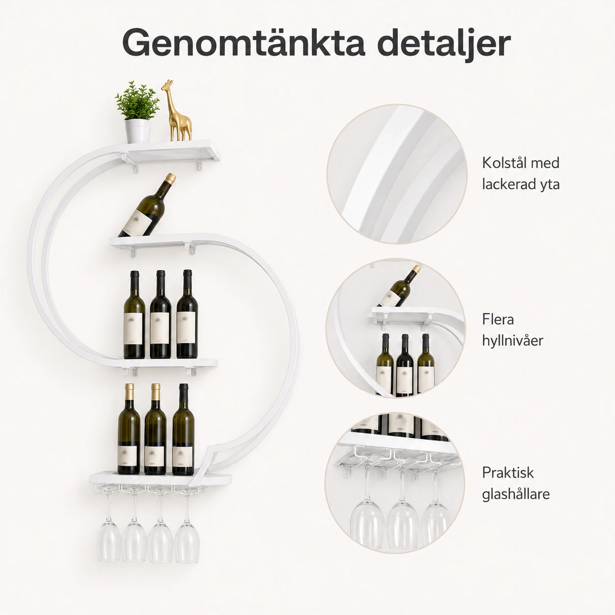 Vägghylla för vinflaskor och glas i kolstål