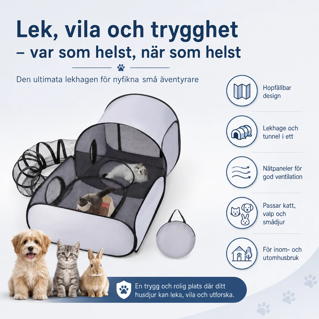 Hopfällbar lekhage för katt och liten hund