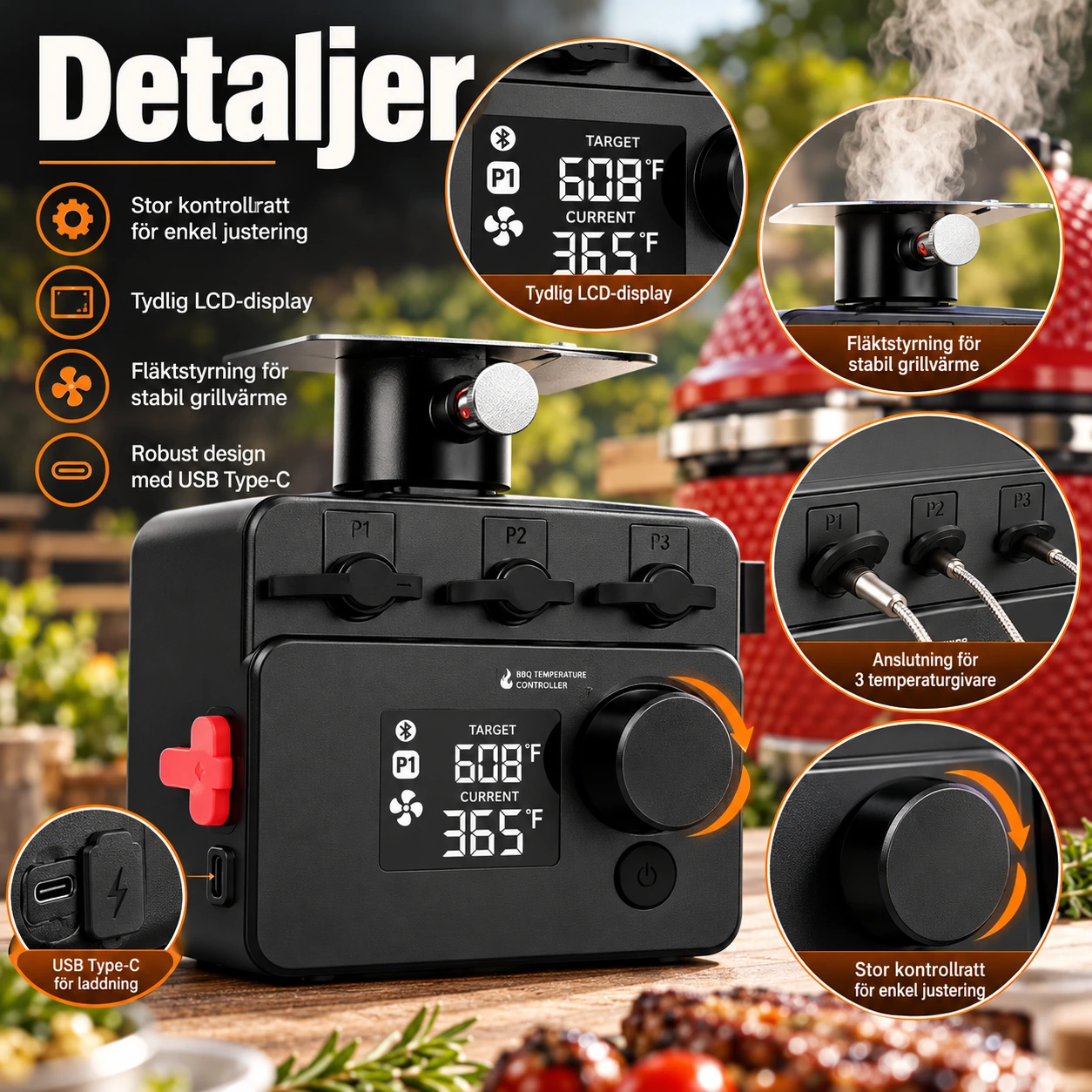 Grilltemperaturregulator för kamadogrill med fläkt och Bluetooth